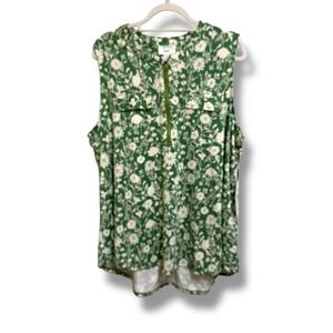 Fyve Womens 2X Green Cream Floral Sleeveless Half Zip Blouse Pockets Jersey Knit